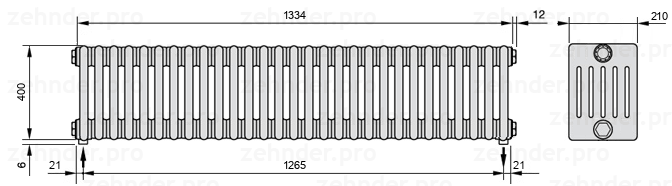 Схема (чертеж) Радиатор Zehnder Charleston 6040/29 №3570 Белый глянцевый RAL 9016